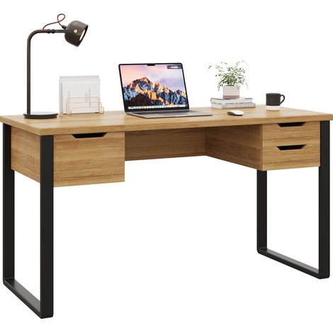 CHICFURN Bureau avec tiroirs 130 x 55 x 76 cm, bureau industriel en bois clair et noir, bureau droit avec 3 tiroirs, plateau mélaminé pour bureau et chambre (1/5)