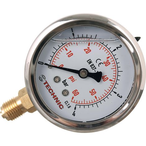 Manometro a glicerina con orologio, 63 mm, scala 0-4 bar, filettatura inferiore da 1/4".