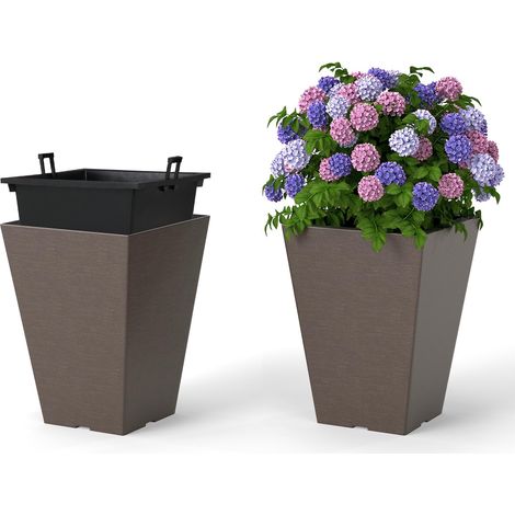 COSTWAY 2 Vasi Alti Quadrati, Vasi da Fiori Auto-irriganti con Secchio Interno Rimovibile e Fori di Drenaggio, Contenitori Decorativi per Piante da Interno ed Esterno (25 x 25 x 35 cm) (1/5)