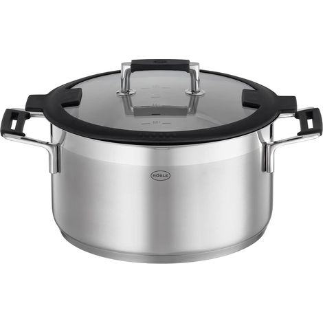 RÖSLE SILENCE PRO Pentola universale di ottima qualità in acciaio inossidabile 18/10, 20 cm, coperchio in vetro, scala graduata interna, per cottura a induzione, lavabile in lavastoviglie (1/5)