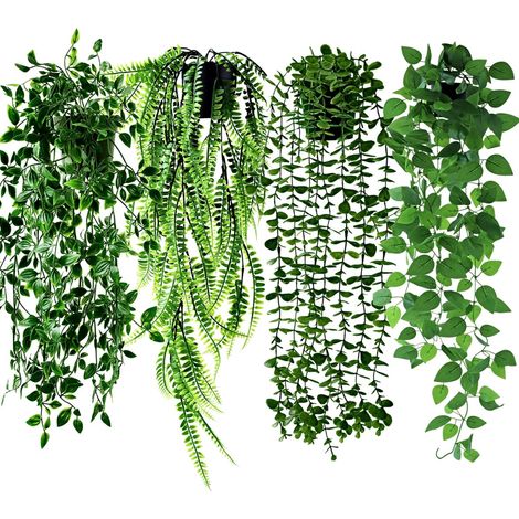 4 Pièces Plante Artificielle Tombante pour l'étagère, Plantes Artificielles Suspendues en Pot Vigne d'eucalyptus, Mandala Vine, Fougère de Boston, Pothos pour Accueil Chambre Mur Etagère
