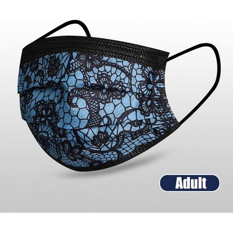 50pcs masques jetables pour adultes imprimés en dentelle (3 couches), masques anti-poussière respirants, bon confort masque bandana écharpe masque (bleu)