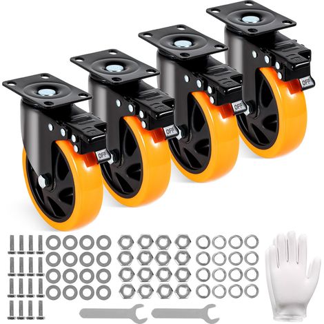 Roulettes Pivotantes Lot de 4 Roulettes pour Meubles Industrielles 127 mm Roues Silencieuses en PVC avec Frein à Verrouillage A/B Capacité de Charge 204 kg par Roulette pour Chariots Établis (1/5)