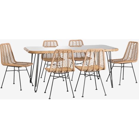 Set Tavolo Rettangolare in Vimini Sintetico (180x90 cm) Leribert e 6 Sedie da Pranzo in Rattan Sintetico Natural Gouda SKLUM            