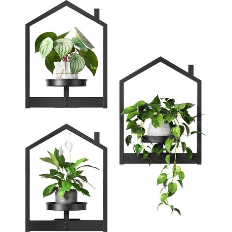 Support Plantes Intérieur, Étagère Plante Murale avec Soucoupe Amovible, Support Métallique en Forme de Petite Maison, pour Décoration Intérieure/Extérieur Abrité, Noir (1/5)
