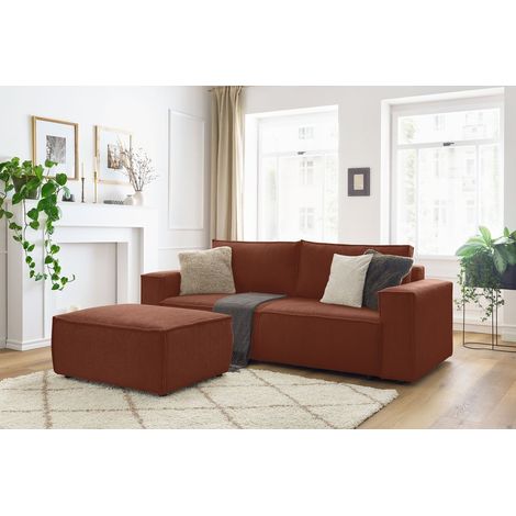 BOBOCHIC - Canapé droit convertible coffre NIHAD velours côtelé avec pouf   Orange (1/5)