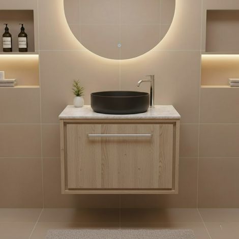 Hudson Reed Lille Wall Hung 1-Drawer Vanity Unit with White Marble Worktop 600mm Wide - Bleached Oak (1/4)