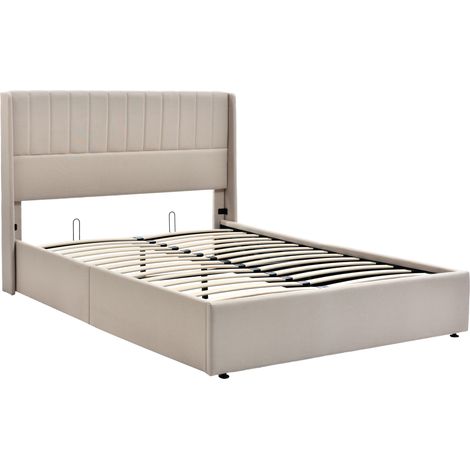 Lit coffre rembourré hydraulique double 140x200 cm, sommier à lattes en bois, lit avec cadre métallique et sommier à lattes, lin, beige (1/5)