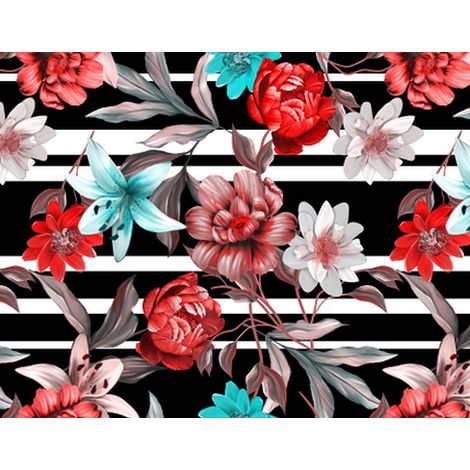 Outdoor dekostoffe oxford - Motiv Blumen auf schwarz-weißen Streifen I DR126 (1/5)