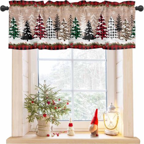 Valance Pour Fenêtre - 42x12 Pouces - Poche Pour Tringle - Tissu Polyester - Style Fermier Noël Arbre De Noël À Carreaux - Pour Salon Chambre Salle De Bain Cuisine (1/5)
