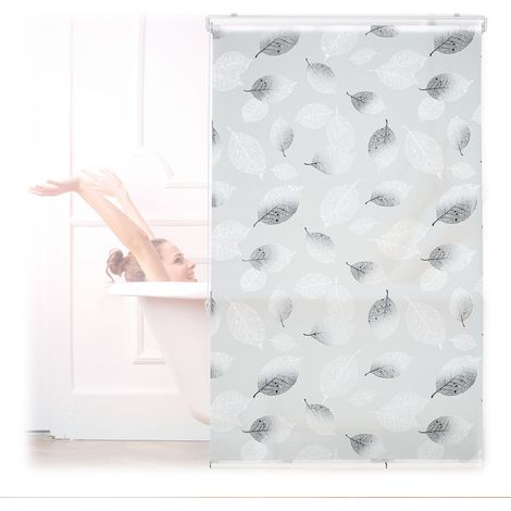 Relaxdays cortina ducha enrollable 100x240 cm, estampado hojas, cordón, montaje flexible, bañera, blanco/negro