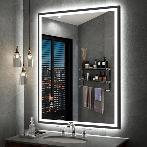 Miroir lumineux de salle de bain 80x60 cm – Bluetooth – Dimmable – Désembuage – Cadre en aluminium noir – IP44 (1/5)