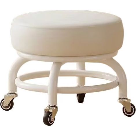 Petit Tabouret Bas avec Poulie, , Repose-Pieds, Circulaire,Tabouret à Chaussures pour Salon Chambre 34×34×26CM Blanc (1/2)