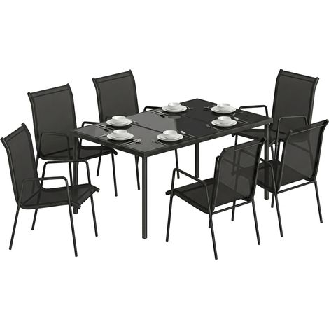 Outsunny – Ensemble table et chaises de jardin 7 pièces – 6 chaises empilables en textilène – Plateau en verre trempé – Structure en métal noir