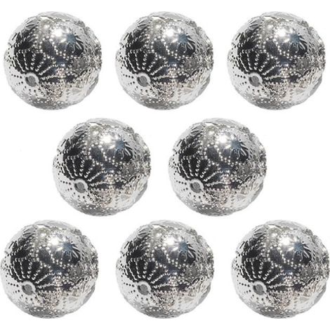 Boules de décoration métalliques - JUANIO - Lot de 8 - Argenté à motif floral - Rond - Intérieur (1/3)