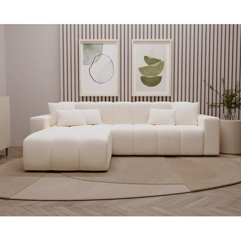 Emporius Canapé d'angle fixe Miral - gauche, tissu velours, 5 places, mousse épaisse - Crème (1/5)