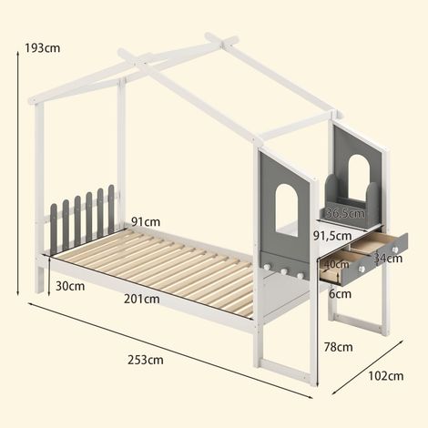 Lit cabane pour enfant blanc et gris en bois avec bureau intégré, barrière, crochets et tiroirs pour chambre et étude (1/5)