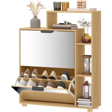 Meuble à Chaussures 10 Paires, Armoire à Chaussures, Portes en Miroir, 2 Tiroirs et Compartiments Ouverts, Chêne, rangement pratique, déco intérieure (1/5)
