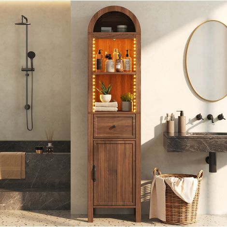 Columna de baño de 40x30x163 cm con LED RGB, puerta reversible, cajón, MDF efecto nogal (1/5)
