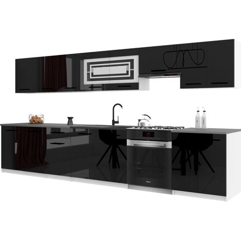 Belini ITALIA 3 Küche Ausgestattet Modular Komplett - 320 cm. Ober- und Unterschränke mit Arbeitsplatte, Schwarz Hochglanz (1/5)