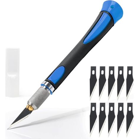 Scalpel avec 10 lames d'Antirouille, Coupe de Précision, Scalpel Modelisme, pour Découpe de Travail d'art Bricolage, Spéléologie, Sculpture, Couteaux de Loisirs, Bleu