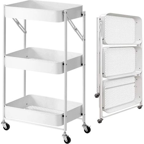 Carrello cucina Slim Pieghevole 3 Ripiani Metallo Trolley Servizio 4 Ruote Bianc