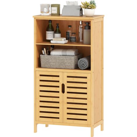Meuble de rangement salle de bain en bambou avec 2 portes ajourées et 2 compartiments 50 x 29 x 92 cm naturel