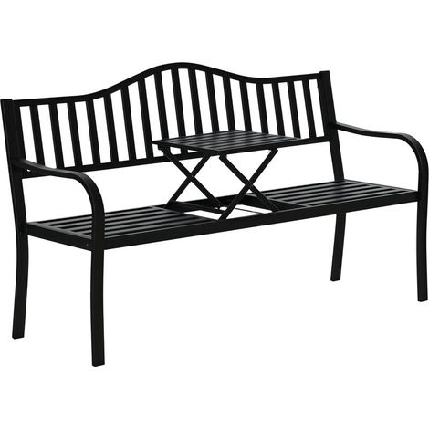 Banc de jardin 2 places, robuste, avec table extensible, supportant jusqu'à 240 kg, avec dossier et accoudoirs, idéal pour terrasse et jardin. Dimensions : 150 x 58,5 x 90 cm. Couleur : noir. (1/5)