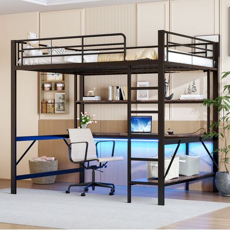Letto a soppalco moderno 140x200 cm in metallo nero con scrivania, scaffale multistrato, scala, ringhiera, LED, USB e presa (1/5)
