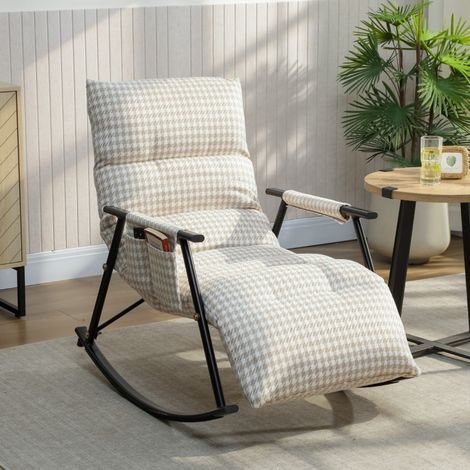 Fauteuil à bascule avec dossier et repose-pieds réglables (105°), recouvert de lin avec poche latérale, gris et blanc. (1/4)