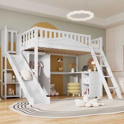 Letto a soppalco 90x200 cm, Letto per bambini con scivolo scrivania e armadio integrato, salvaspazio in legno di pino e MDF, Bianco (1/5)
