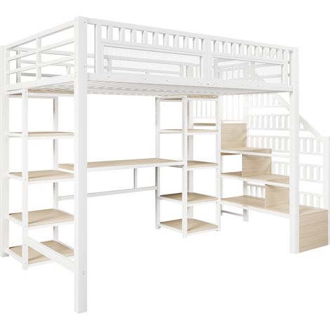 CAIziLit mezzanine métal 140x200 cm bureau LED USB rangement échelle blanc (1/5)