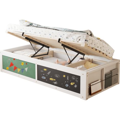 Lit 90x200 bois blanc avec bureau relevable et rangement sans matelas