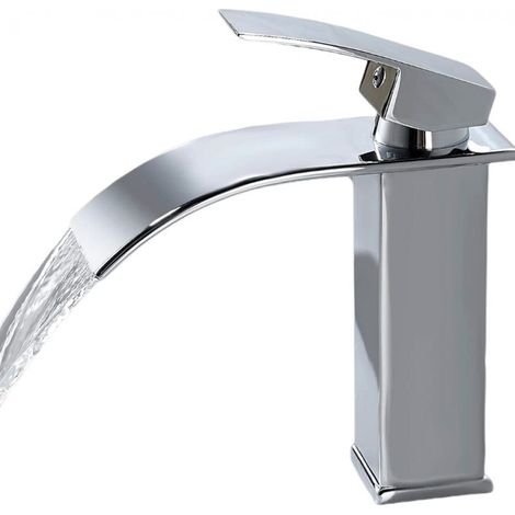 Robinet de salle de bain cascade moderne, robinet de lavabo au design élégant, mitigeur en laiton, eau chaude et froide disponible, robinet chromé G 3/8 (1/5)
