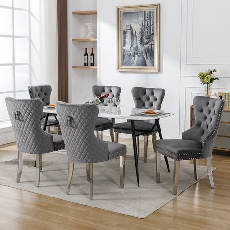 Lot de 6 chaises de salle à manger velours gris,dossier décoré,clouté,pieds métalliques,stables pour intérieur chic moderne. (1/5)