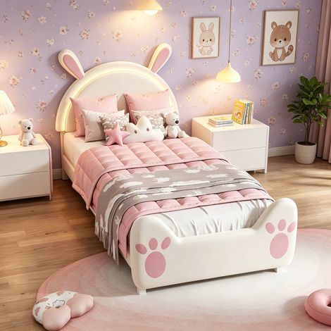 Lit enfant 90×200cm avec lumière LED, lit capitonné avec oreilles de lapin, lit simple avec tête de lit rembourrée, sommier à lattes, lit princesse, Velours, Beige