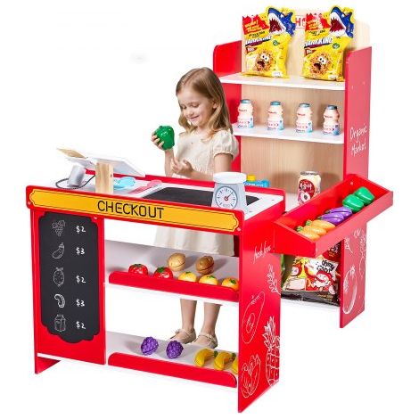 Kinder-Lebensmittelladen-Spielset, Holz-Spielladen mit Einkaufstasche, Kinder-Supermarkt mit Förderband, Scanner, Registrierkasse, Obst und Gemüse, Geschenk für Kinder ab 3 Jahren