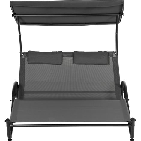 Transat Solaire 2 Places avec Roues, Toit et Appuie-tête Amovible, 200x137x138 cm, Gris