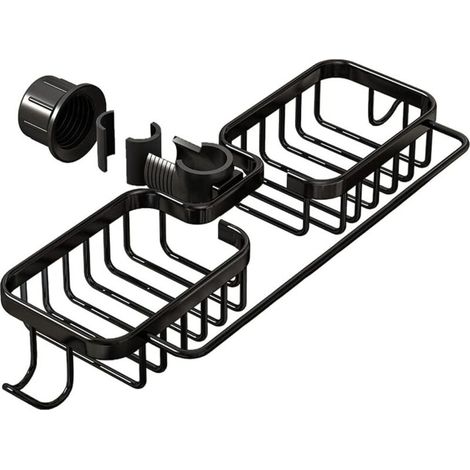 Black double shower shelf 36 x 13 x 3.9 cm, 1 aluminum shower soap dish, no drilling required, kitchen drain basket