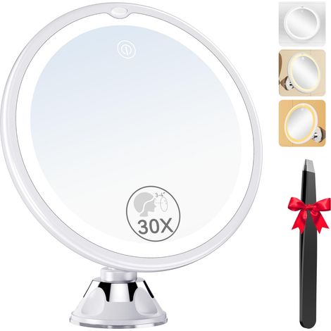 Miroir Grossissant 30X Lumineux à Ventouse, 3 Modes d'Éclairage LED rotation 360°, pour salle de bain, maquillage précis, épilation des sourcils et pose de lentilles, compact pour voyage (1/5)