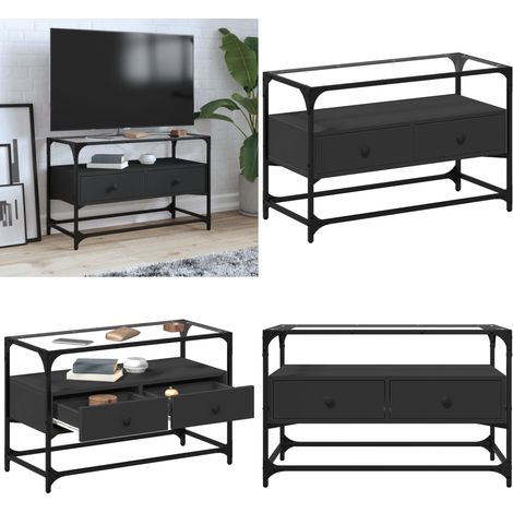 Meuble TV et dessus en verre noir 80x35x51 cm bois d'ingénierie - Meubles Tv - Meuble Tv - Support Tv - Unité Tv - Meuble Industriel - Home & Living