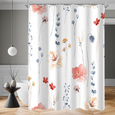 Rideau de douche 150 x 200 cm, motif fleur de corail, ourlet lesté, anti-moisissure, imperméable, lavable, en polyester, avec 8 œillets et 12 anneaux de rideau de douche, pour salle de bain (1/5)