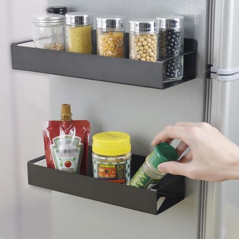 Support magnétique pour épices, 2 pièces en acier inoxydable, étagère de réfrigérateur sans perçage, porte-épices noir pour frigo (1/5)