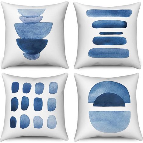 Housse de Coussin Bleu 40x40 Set de 4, Boho Abstrait Bleu Marine Géométrique Décoratif Housses de Coussins Minimaliste Moderne Art Esthétique Housse de Coussin en Lin pour canapé Home Decor (1/5)