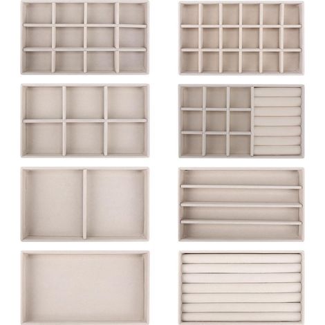 8 x Plateau Bijoux en Velours Organisateur de Bijoux Tiroir Femme Rangement Bijoux Tiroir Organiseur Rangement Collier Boîtes à Bijoux présentoirs pour Boucles D'oreilles Chaîne Beige 2112,5cm (1/5)