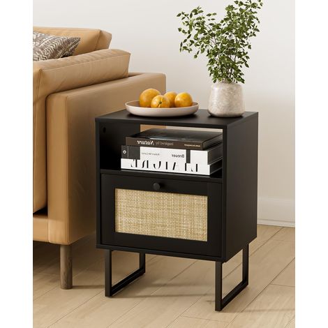 Grande Table de Chevet bohème - Petite Table de Chevet en rotin - en Bois avec tiroir et étagère en chêne Noir - Table d'appoint pour Chambre à Coucher, Salon, Bureau - Chêne Noir (1/5)