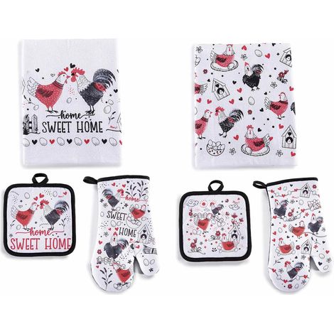 Set textile de cuisine, gant, manique et torchon en coton imprimé poules et home, lot de 4, torchon : 38 x H. 64 cm