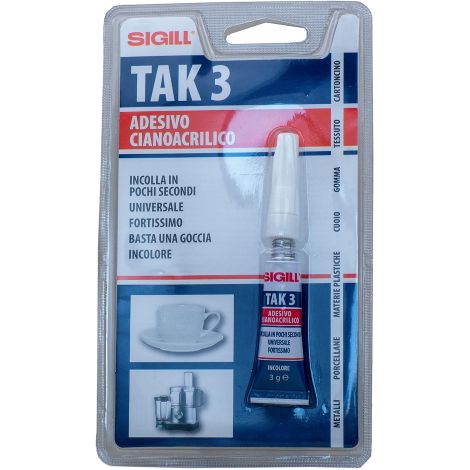 Sigill Tak 3 tubetto 3 gr colla adesiva cianoacrilico incolore extraforte universale indurisce in pochi secondi