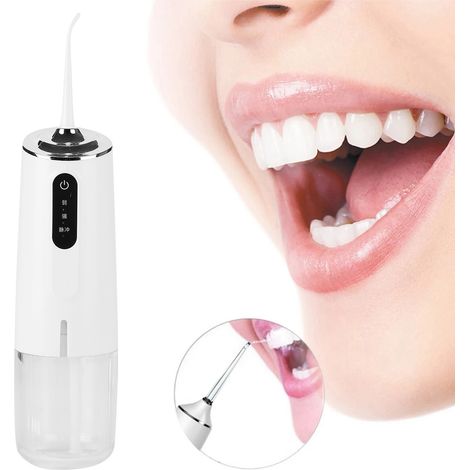 Hydropulseur buccal portable 3 modes, rechargeable par USB, 240 ml, 1 embout, étanche, blanc (1/5)
