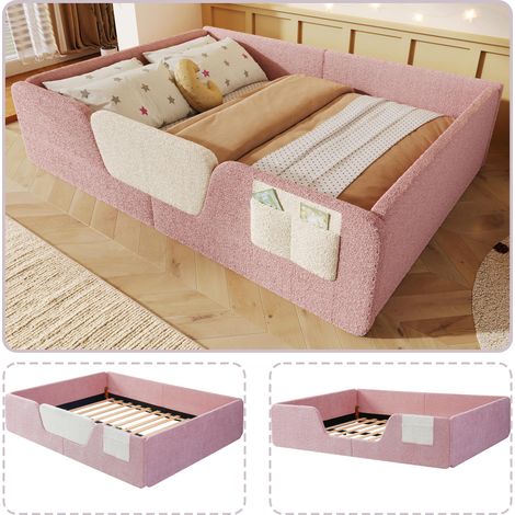 Lit capitonné, 140 x 190 cm, sans matelas, barrières de sécurité amovibles, sac de rangement intégré en velours unique, rose